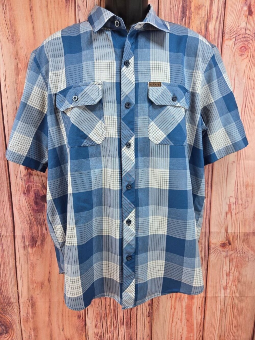 Orvis Mens Blue Plaid Short Sleeve Button-Up Shirt XL Lightweight